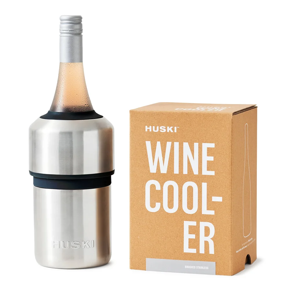 Huski Wine Cooler in brushed stainless steel with a bottle of wine in it