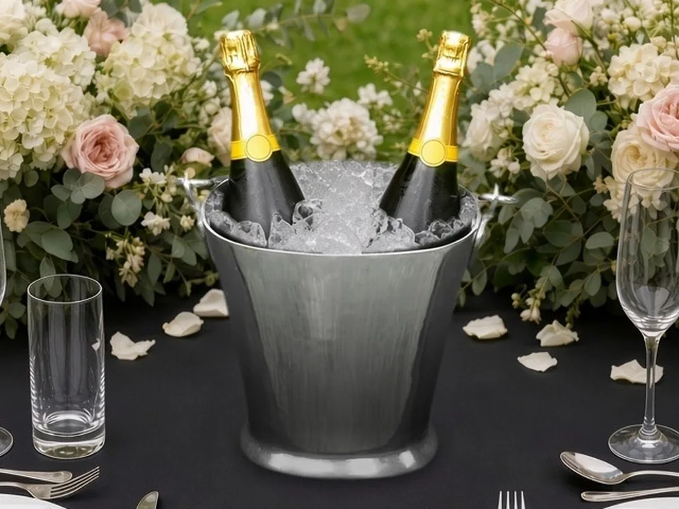 The St Ives ice bucket with two bottles of champagne on ice, on a black wedding table with flowers